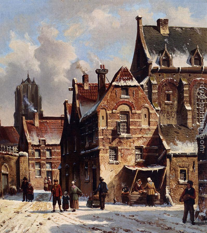Adrianus Eversen : Figures In The Streets Of A Wintry Town